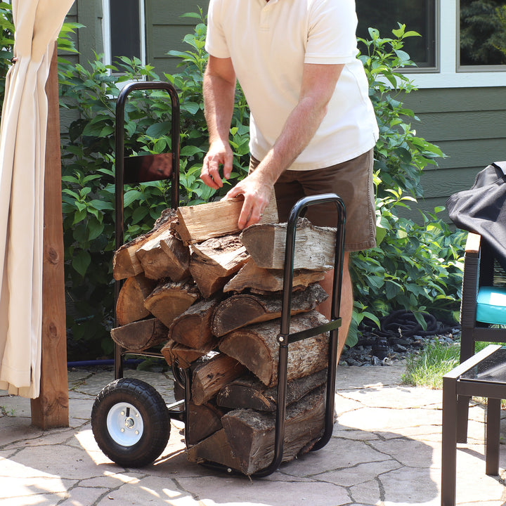 Sunnydaze Steel Log Cart Carrier and Storage Rack with Wheels and Cover Image 10