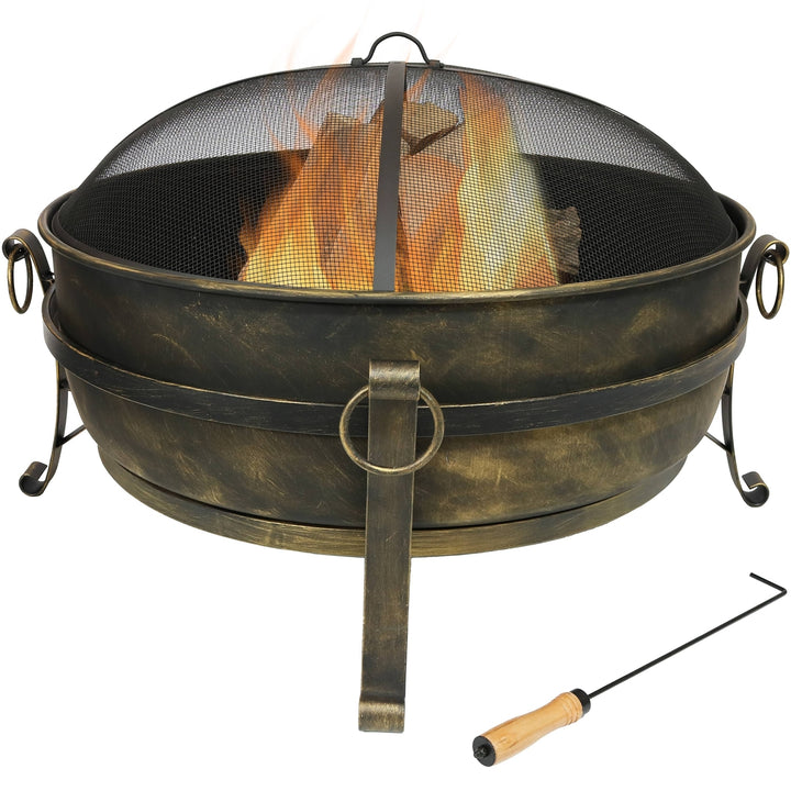 Sunnydaze 34 in Cauldron Outdoor Fire Pit Bowl with Spark Screen and Poker Image 1