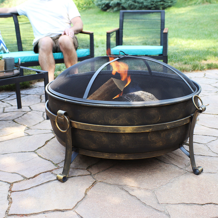 Sunnydaze 34 in Cauldron Outdoor Fire Pit Bowl with Spark Screen and Poker Image 4