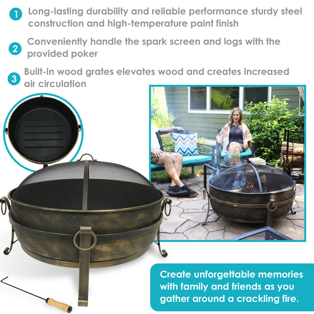 Sunnydaze 34 in Cauldron Outdoor Fire Pit Bowl with Spark Screen and Poker Image 2