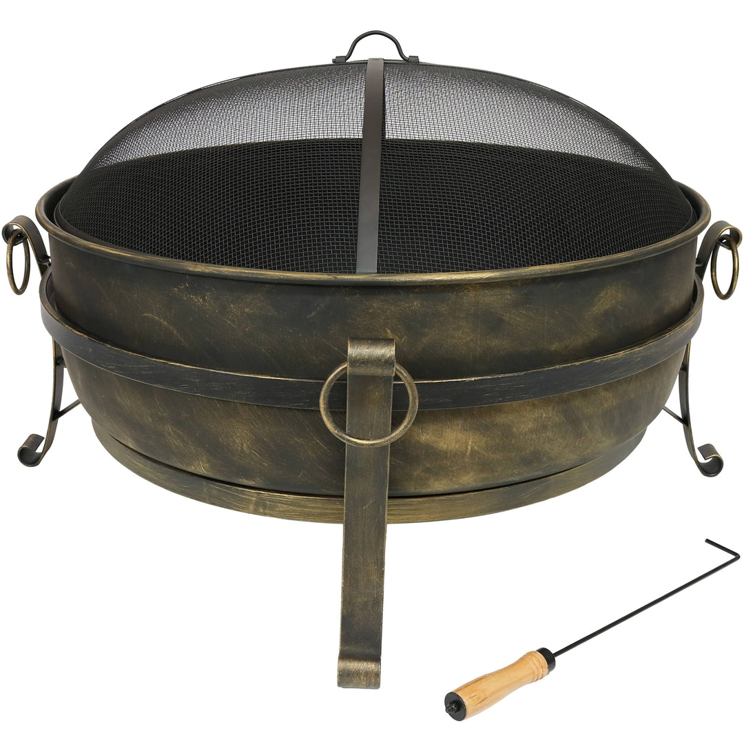 Sunnydaze 34 in Cauldron Outdoor Fire Pit Bowl with Spark Screen and Poker Image 5