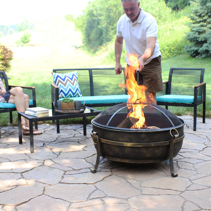 Sunnydaze 34 in Cauldron Outdoor Fire Pit Bowl with Spark Screen and Poker Image 7