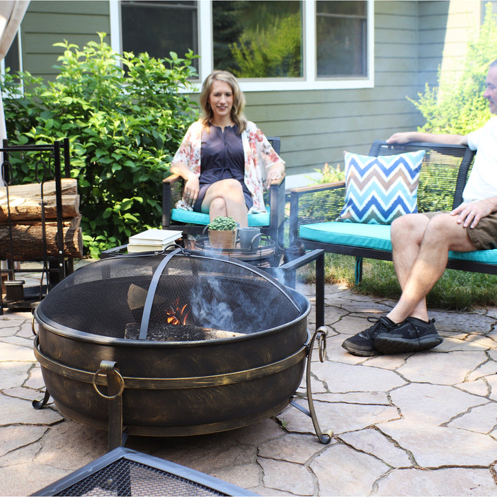 Sunnydaze 34 in Cauldron Outdoor Fire Pit Bowl with Spark Screen and Poker Image 8