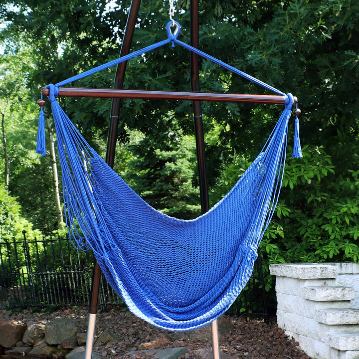 Sunnydaze Extra Large Polyester Rope Hammock Chair and Spreader Bar - Blue Image 3