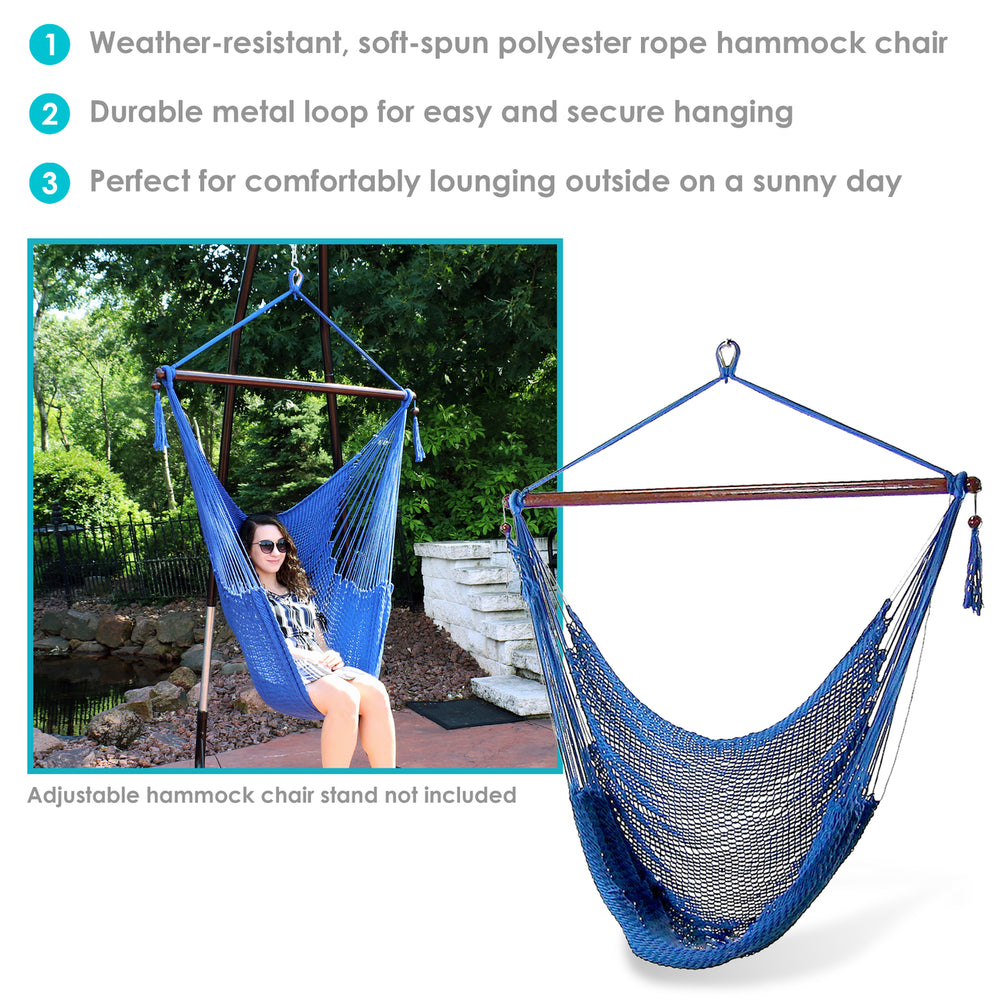 Sunnydaze Extra Large Polyester Rope Hammock Chair and Spreader Bar - Blue Image 2