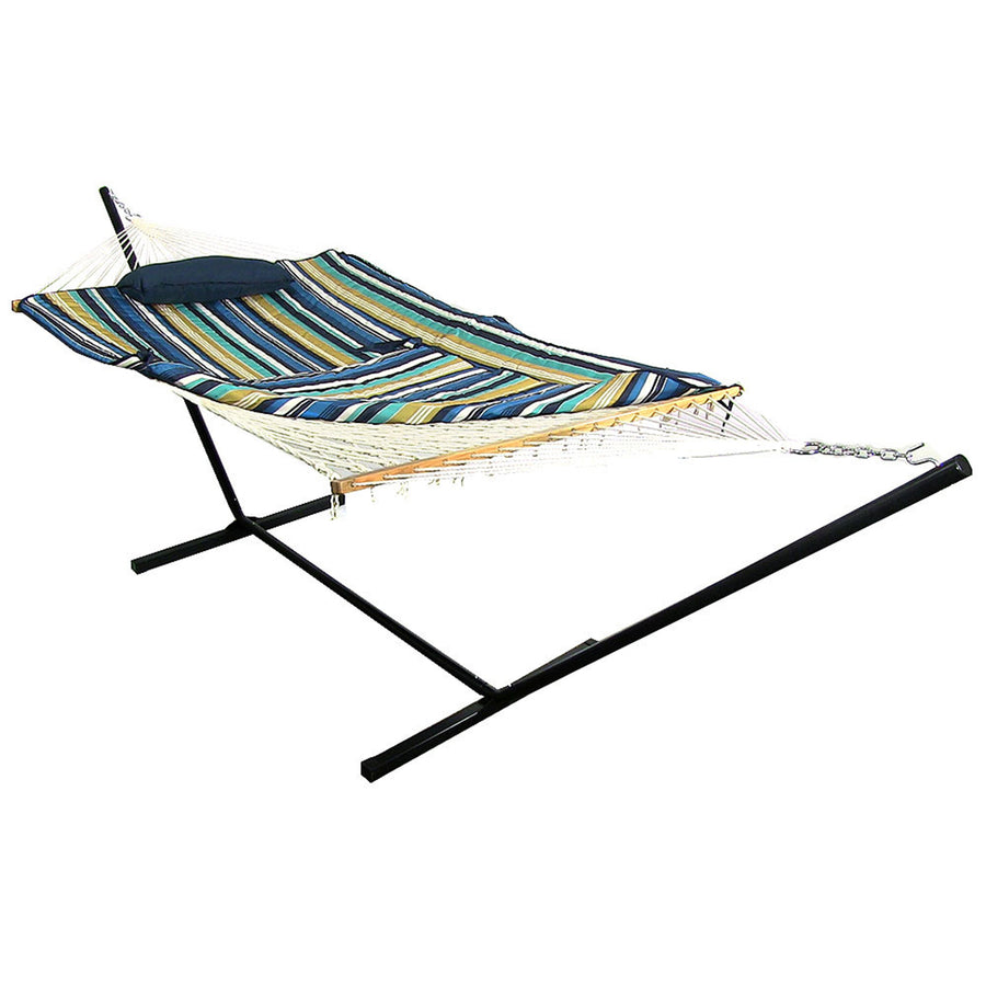 Sunnydaze 2-Person Rope Hammock with Steel Stand and Pad/Pillow - Lakeview Image 1