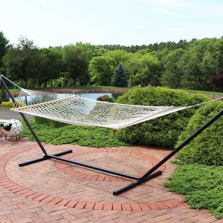 Sunnydaze 2-Person Polyester/Cotton Rope hammock with Steel Stand - Natural Image 3