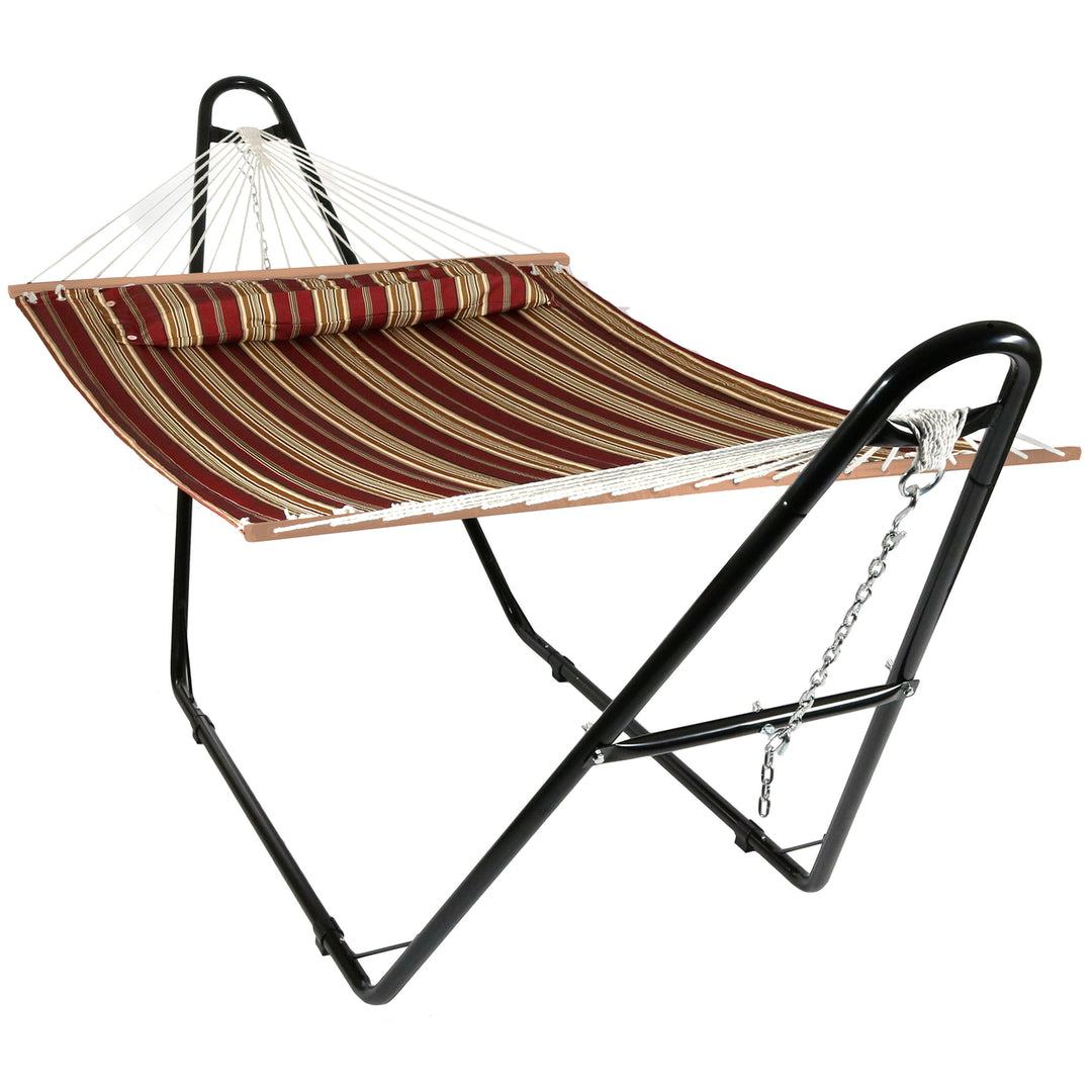 Sunnydaze 2-Person Quilted Hammock with Universal Steel Stand - Red Stripe Image 1