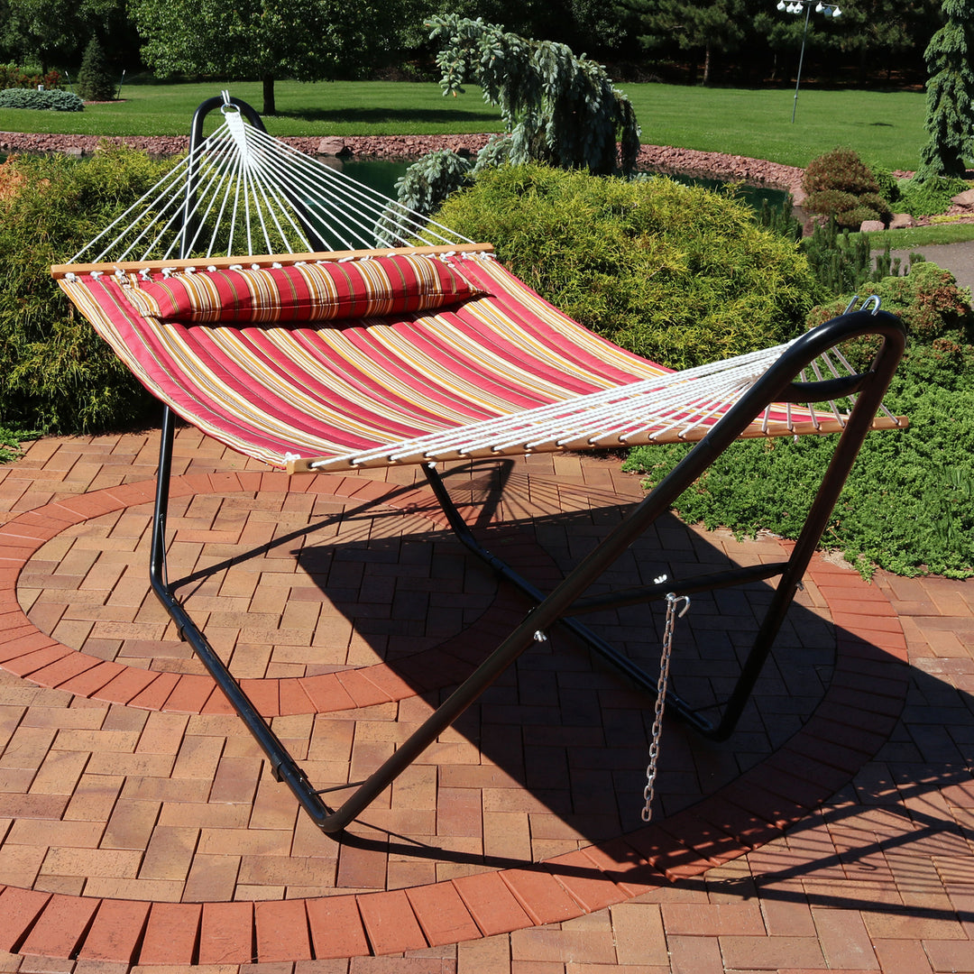 Sunnydaze 2-Person Quilted Hammock with Universal Steel Stand - Red Stripe Image 4