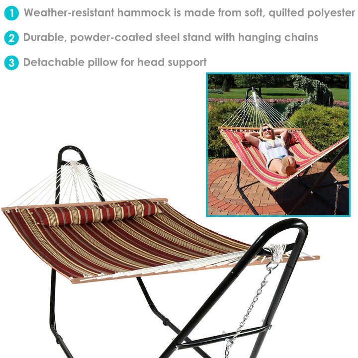 Sunnydaze 2-Person Quilted Hammock with Universal Steel Stand - Red Stripe Image 2