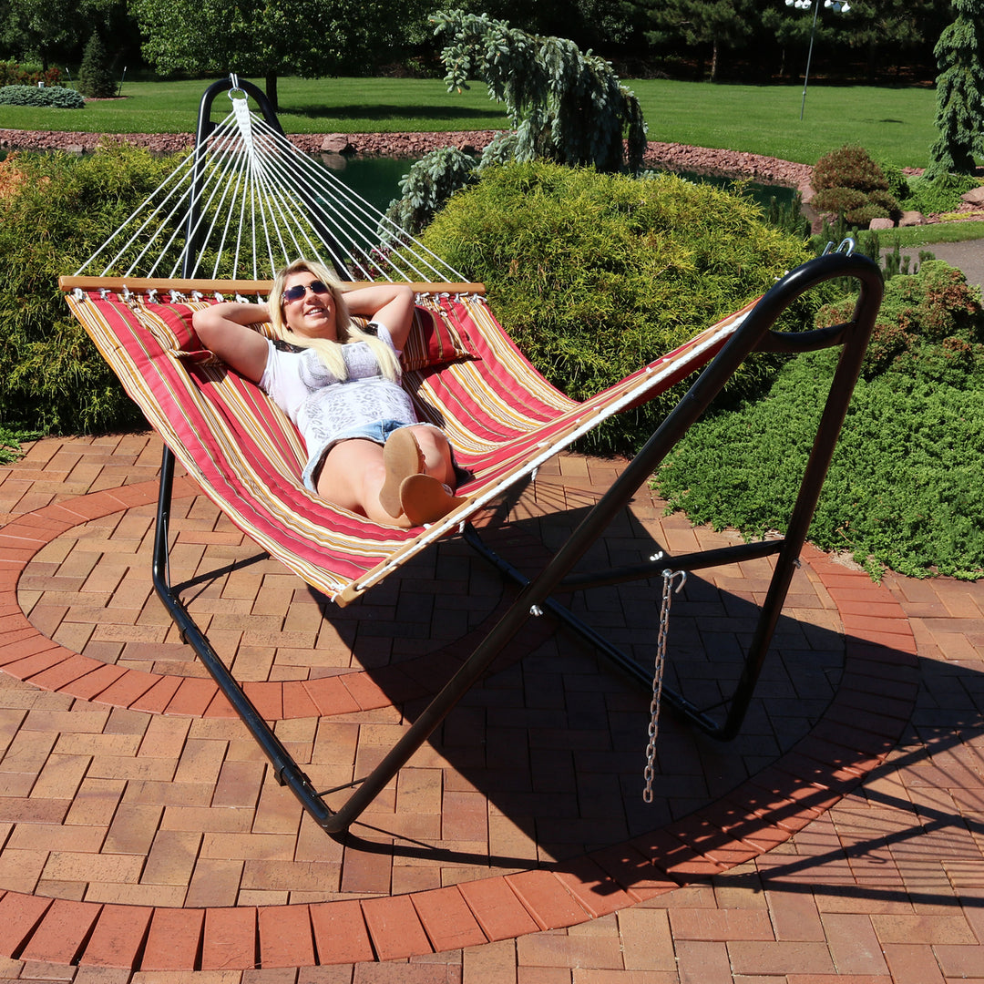 Sunnydaze 2-Person Quilted Hammock with Universal Steel Stand - Red Stripe Image 9