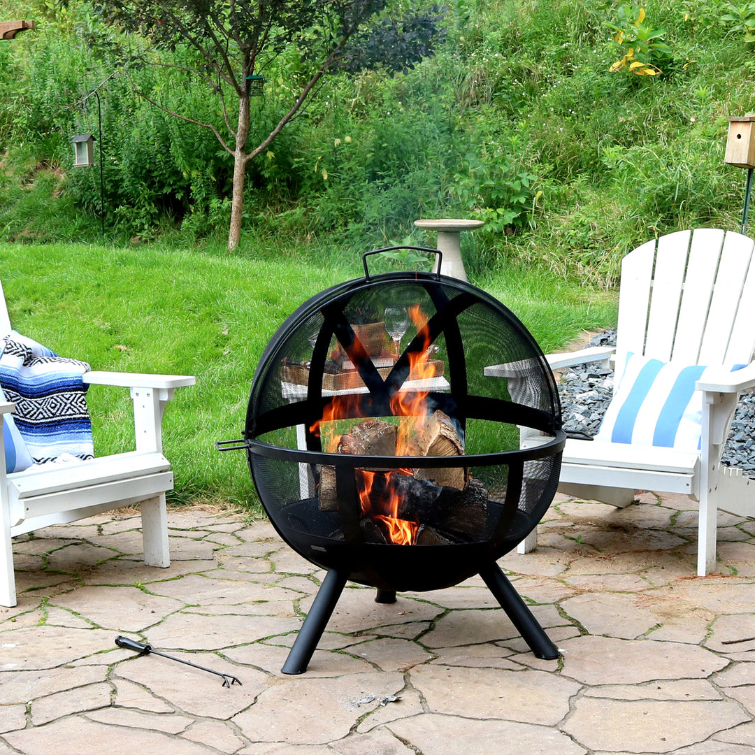 Sunnydaze Flaming Ball Wood-Burning Fire Pit with Poker - 30 in - Black Image 4