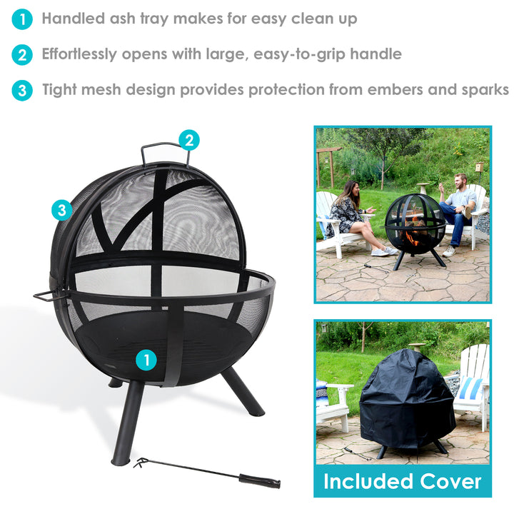 Sunnydaze Flaming Ball Wood-Burning Fire Pit with Poker - 30 in - Black Image 2