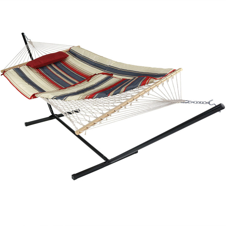 Sunnydaze Large Rope Hammock with Steel Stand and Pad/Pillow - Modern Lines Image 1