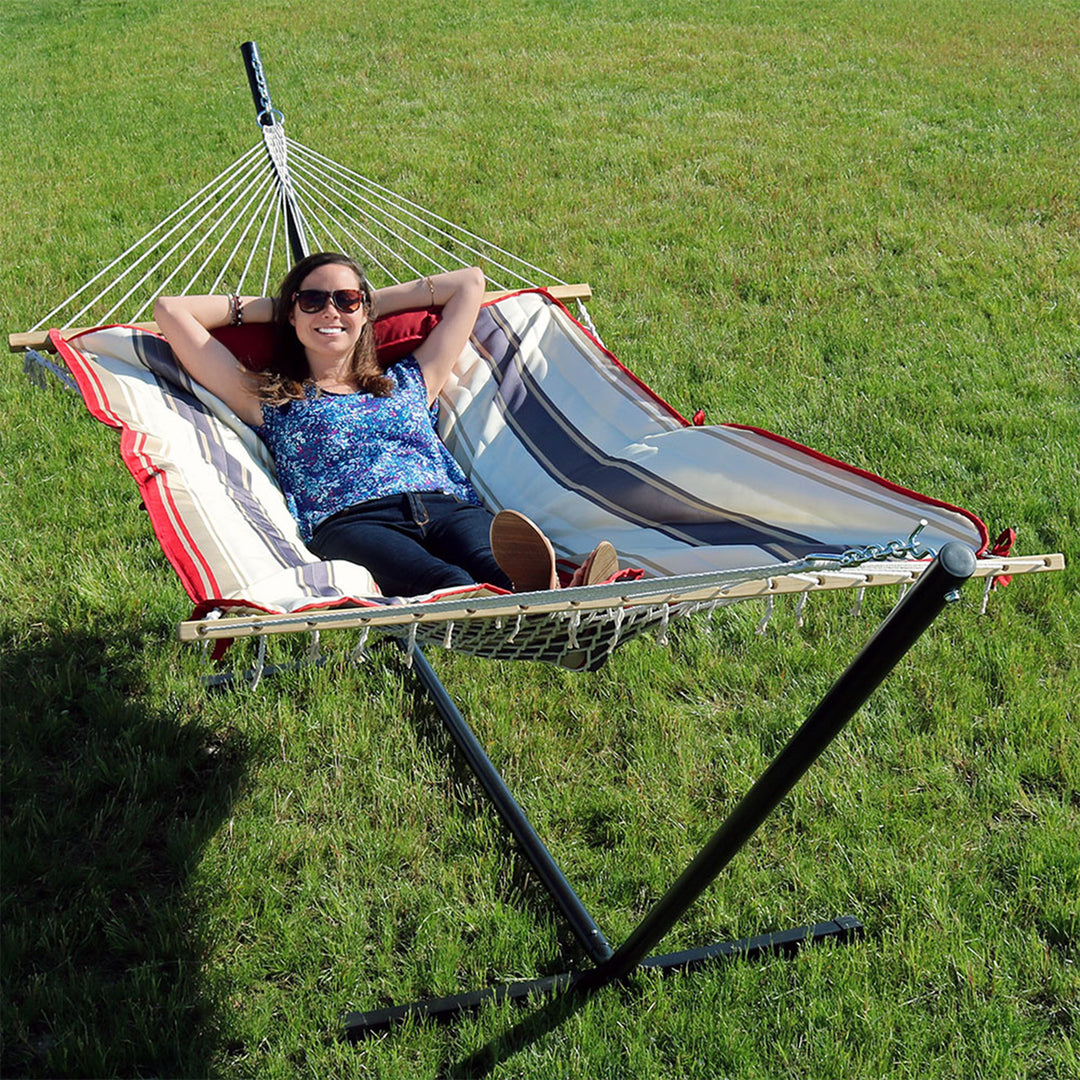 Sunnydaze Large Rope Hammock with Steel Stand and Pad/Pillow - Modern Lines Image 7