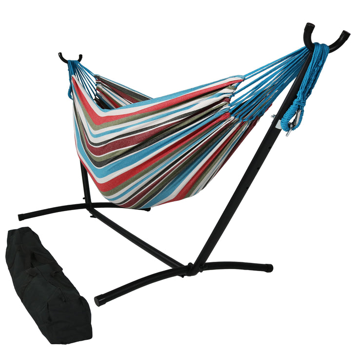 Sunnydaze Cotton Hammock with Steel Stand and Carrying Case - Cool Breeze Image 1