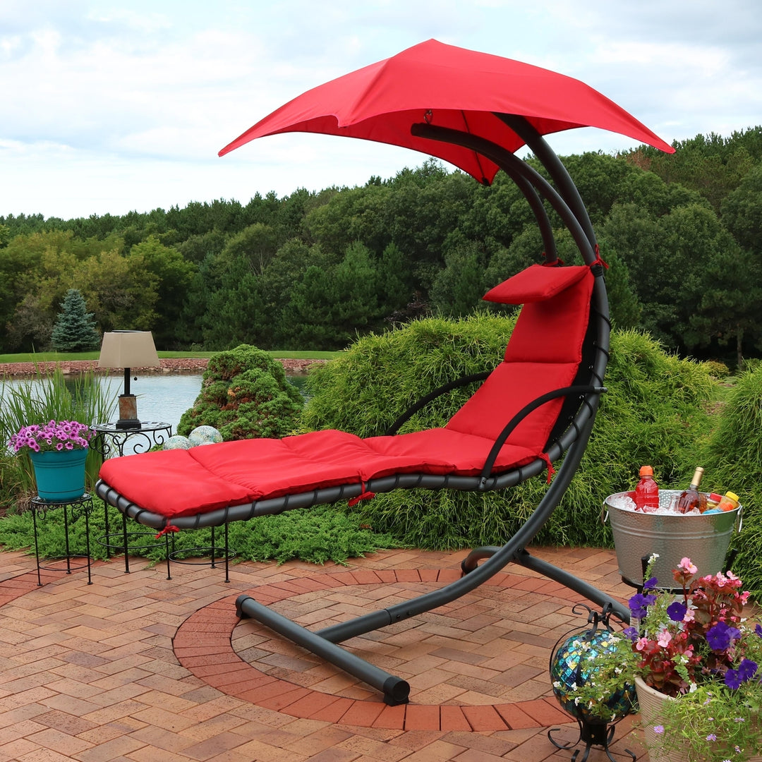 Sunnydaze Floating Chaise Lounge Chair with Canopy and Arc Stand - Red Image 8