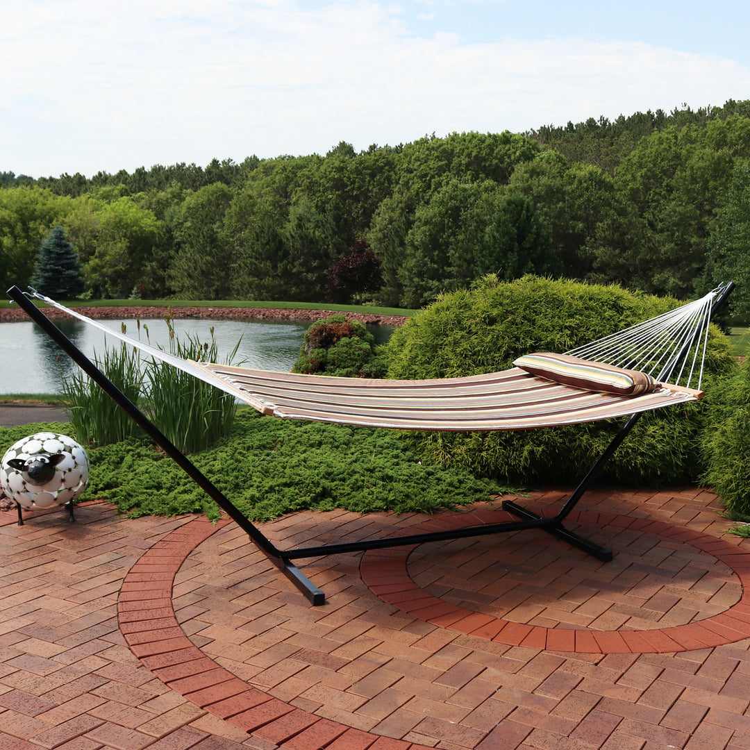 Sunnydaze 2-Person Quilted Fabric Hammock with Steel Stand - Sandy Beach Image 4