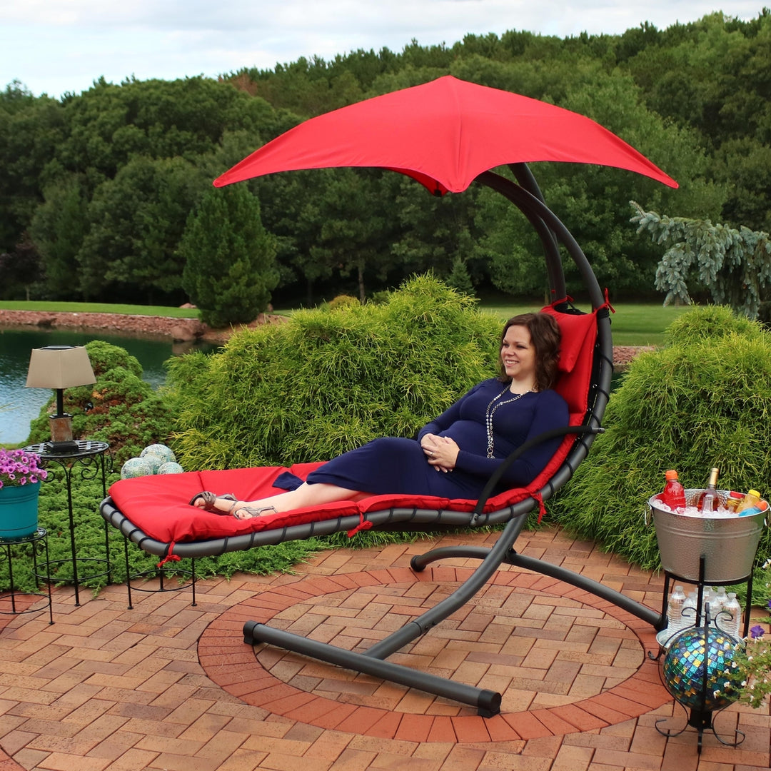 Sunnydaze Floating Chaise Lounge Chair with Canopy and Arc Stand - Red Image 9