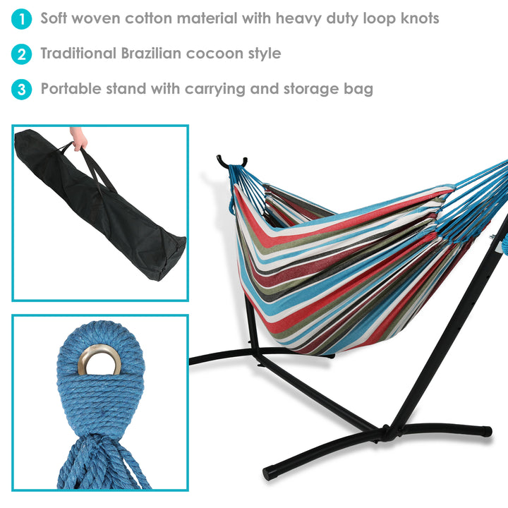 Sunnydaze Cotton Hammock with Steel Stand and Carrying Case - Cool Breeze Image 2