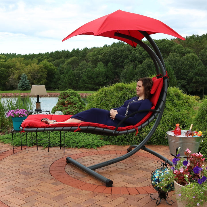 Sunnydaze Floating Chaise Lounge Chair with Canopy and Arc Stand - Red Image 11