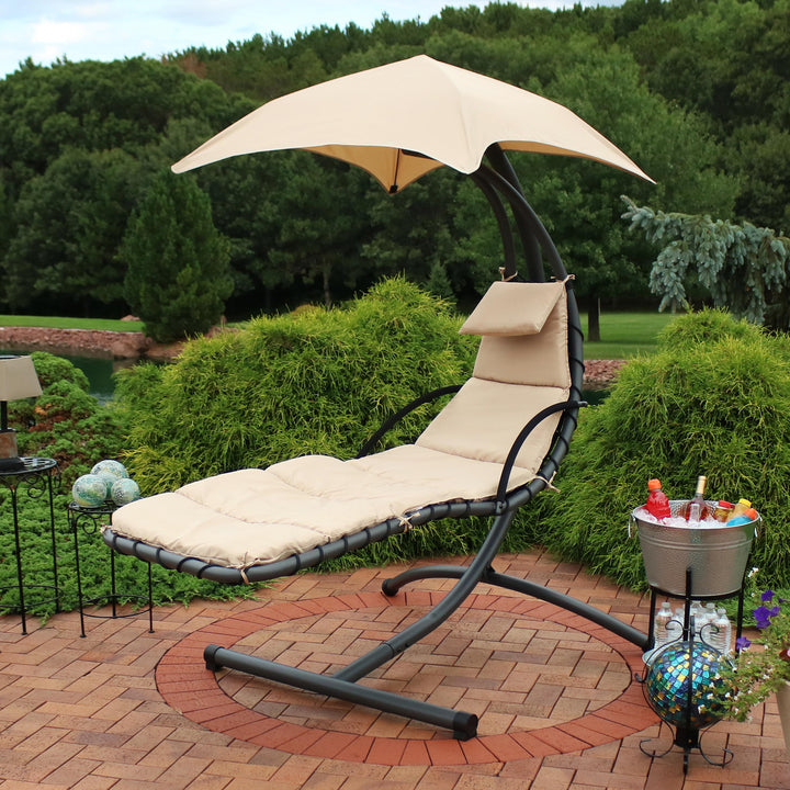 Sunnydaze Floating Chaise Lounge Chair with Canopy and Arc Stand - Beige Image 3