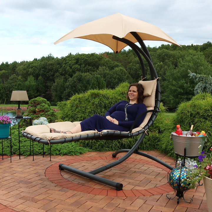 Sunnydaze Floating Chaise Lounge Chair with Canopy and Arc Stand - Beige Image 9
