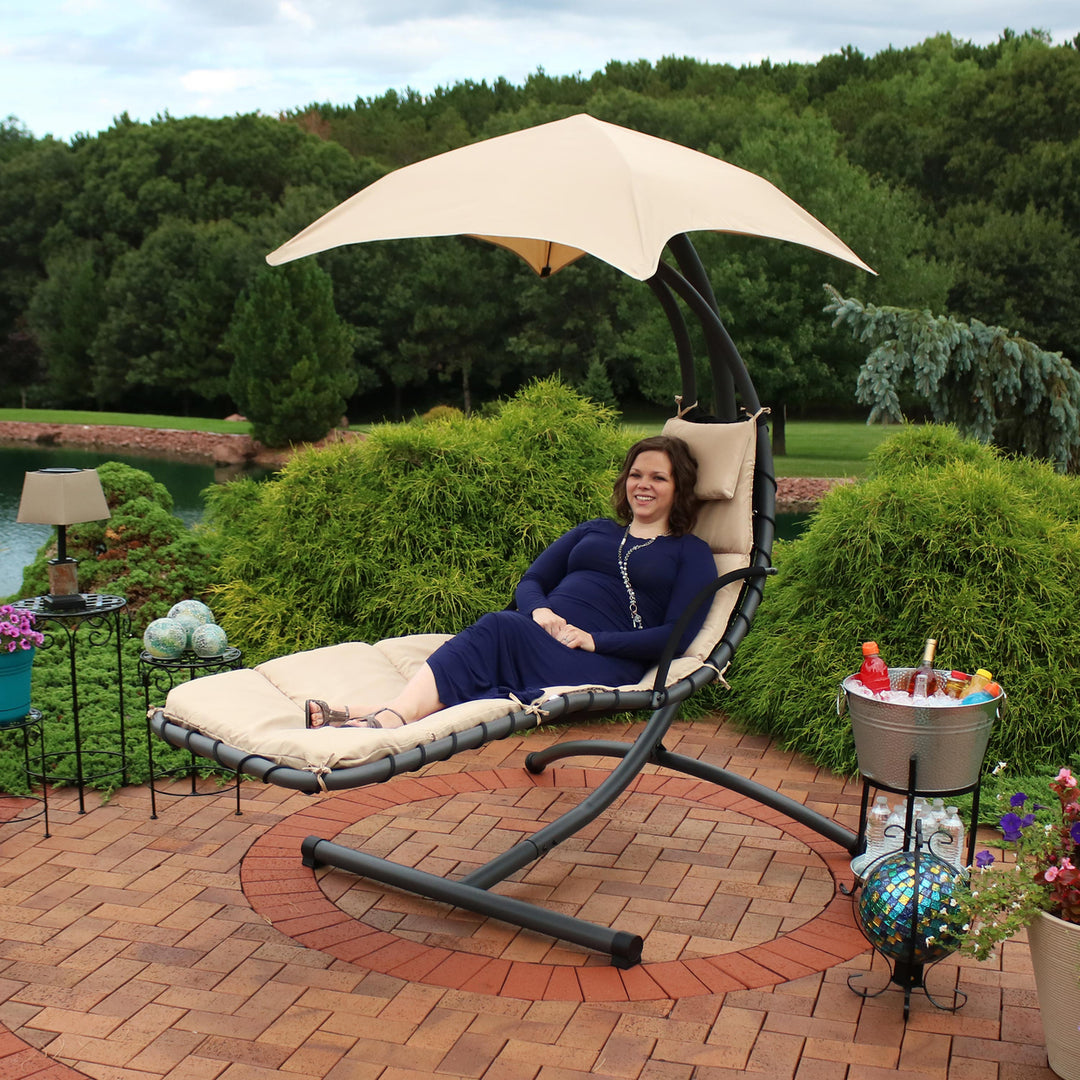 Sunnydaze Floating Chaise Lounge Chair with Canopy and Arc Stand - Beige Image 10