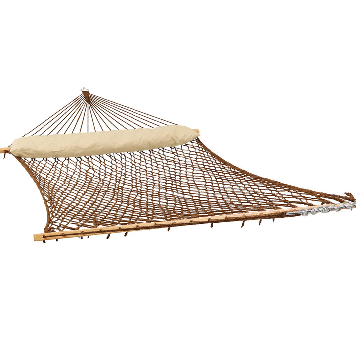 Sunnydaze Large Polyester Rope Hammock with Spreader Bar and Pillow - Brown Image 1