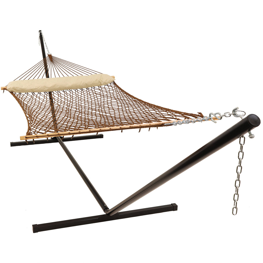 Sunnydaze 2-Person Polyester Rope Hammock with Steel Stand - Brown Image 1