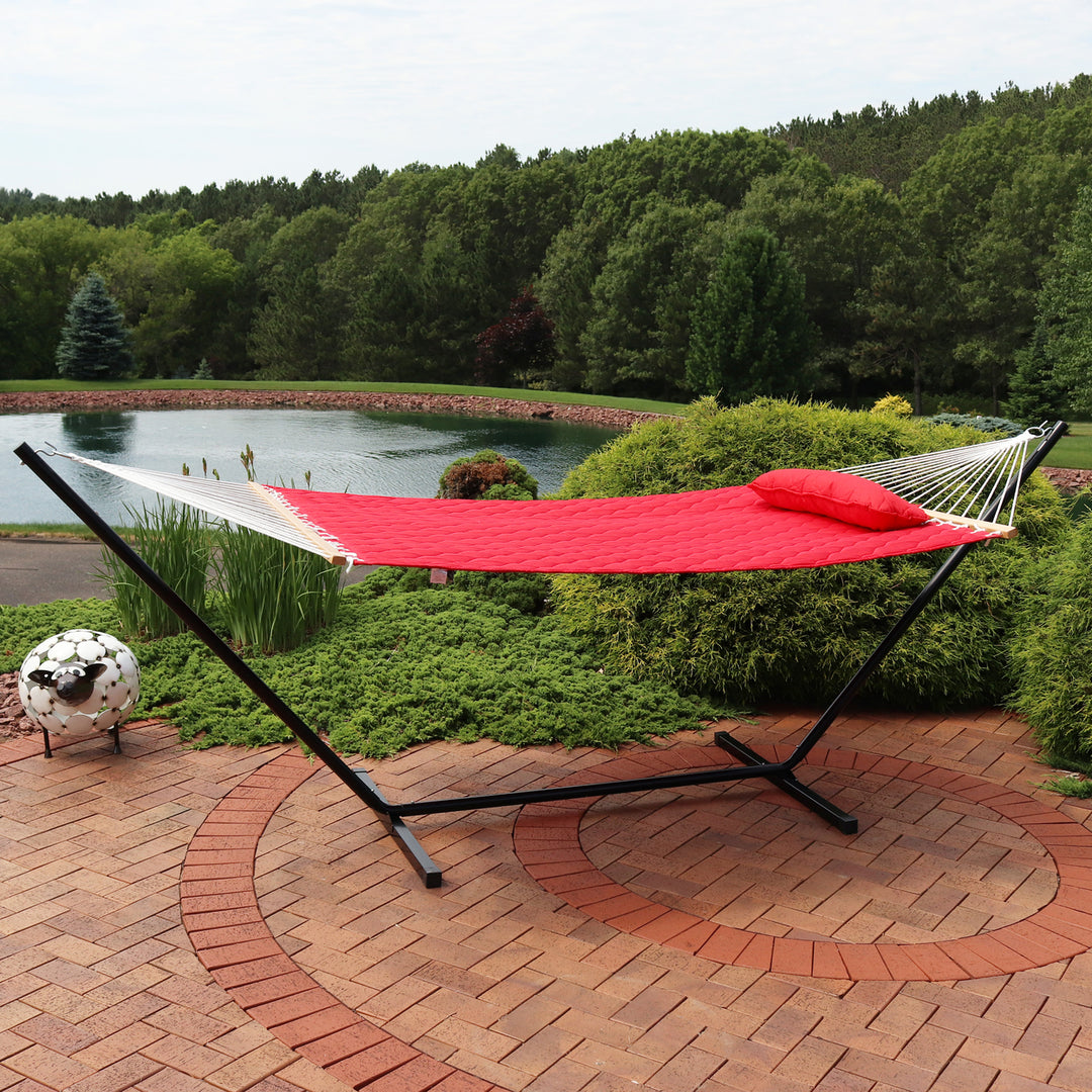 Sunnydaze 2-Person Quilted Fabric Hammock with Steel Stand - Red Image 2