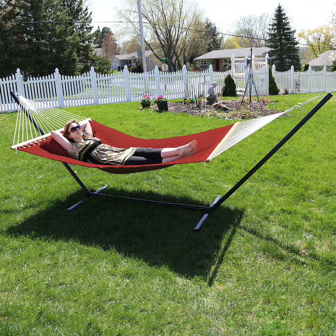 Sunnydaze 2-Person Quilted Fabric Hammock with Steel Stand - Red Image 6