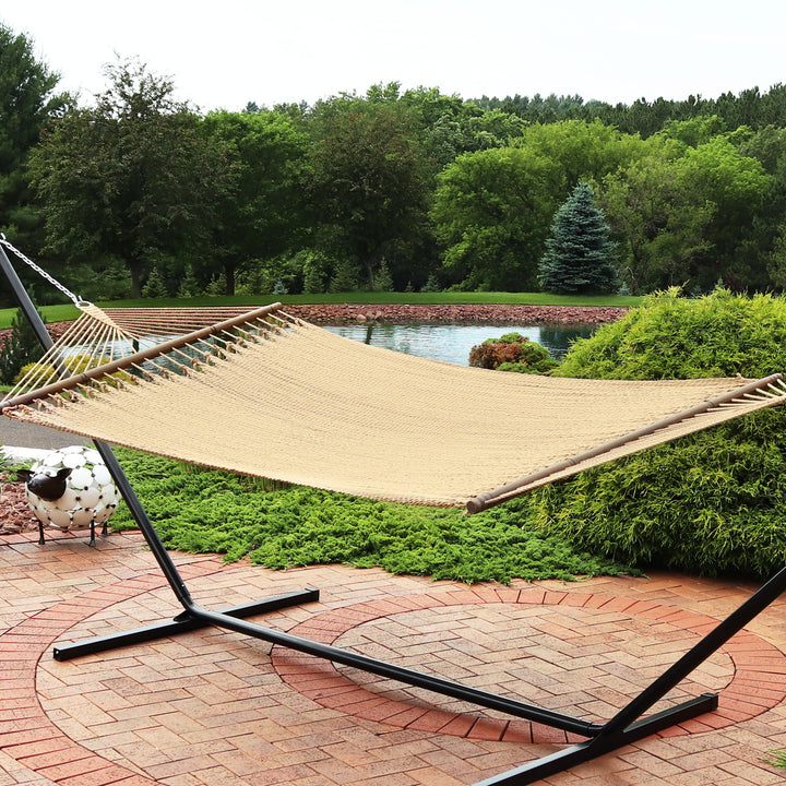 Sunnydaze 2-Person Polyester Rope Hammock with Spreader Bars - Tan Image 2