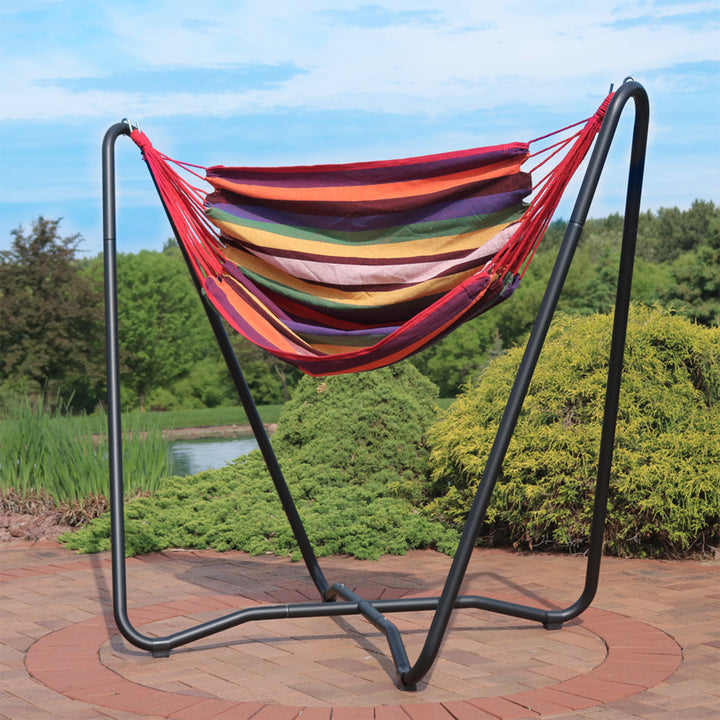 Sunnydaze Cotton Hammock Chair with Space Saving Steel Stand - Sunset Image 3