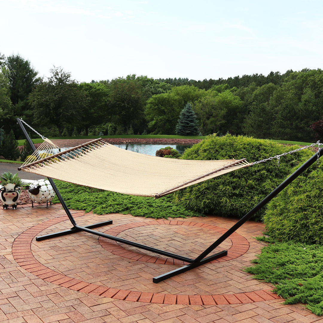 Sunnydaze 2-Person Polyester Rope Hammock with Steel Stand - Tan Image 2