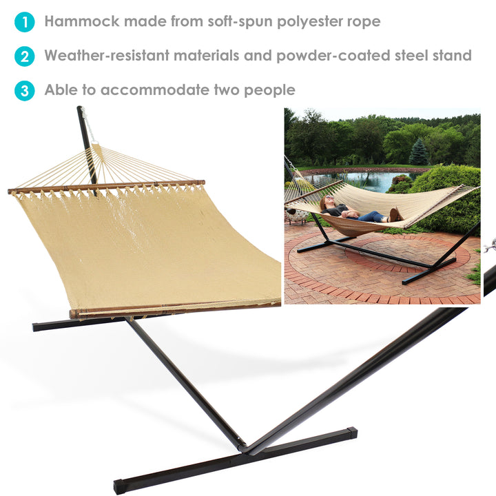 Sunnydaze 2-Person Polyester Rope Hammock with Steel Stand - Tan Image 4