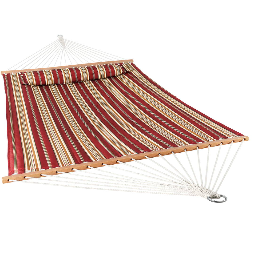 Sunnydaze Large Quilted Hammock with Spreader Bar and Pillow - Red Stripe Image 1