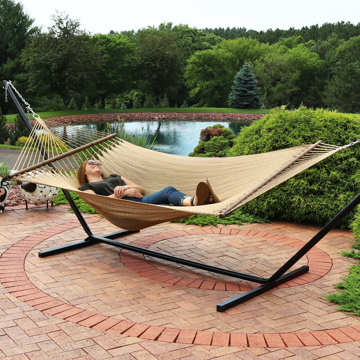 Sunnydaze 2-Person Polyester Rope Hammock with Steel Stand - Tan Image 8