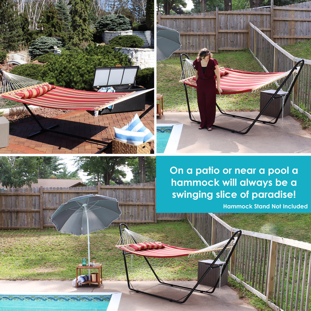 Sunnydaze Large Quilted Hammock with Spreader Bar and Pillow - Red Stripe Image 7