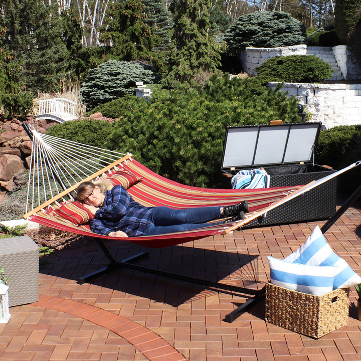 Sunnydaze Large Quilted Hammock with Spreader Bar and Pillow - Red Stripe Image 9