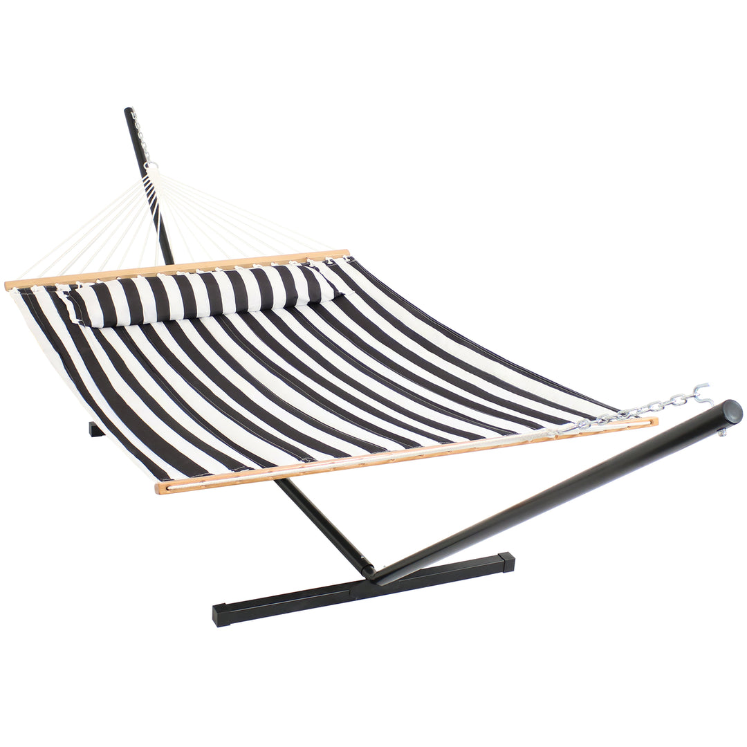 Sunnydaze 2-Person Quilted Fabric Hammock with Steel Stand - Black/White Image 1