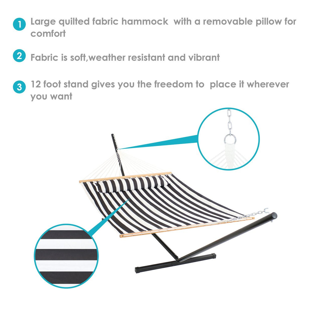 Sunnydaze 2-Person Quilted Fabric Hammock with Steel Stand - Black/White Image 2