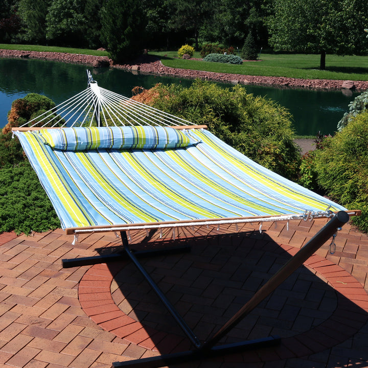 Sunnydaze Large Quilted Fabric Hammock with Spreader Bars - Blue and Green Image 4