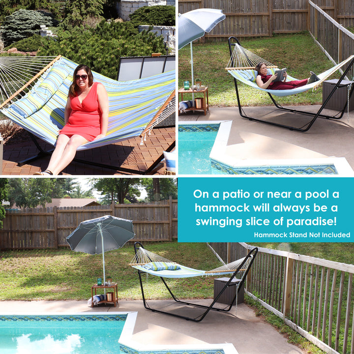 Sunnydaze Large Quilted Fabric Hammock with Spreader Bars - Blue and Green Image 9