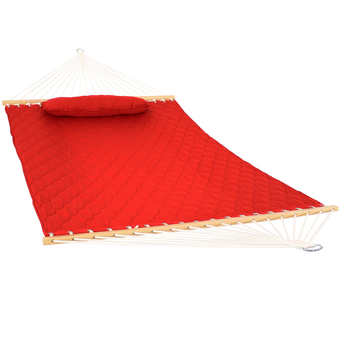 Sunnydaze Large Quilted Fabric Hammock with Spreader Bars and Pillow - Red Image 1