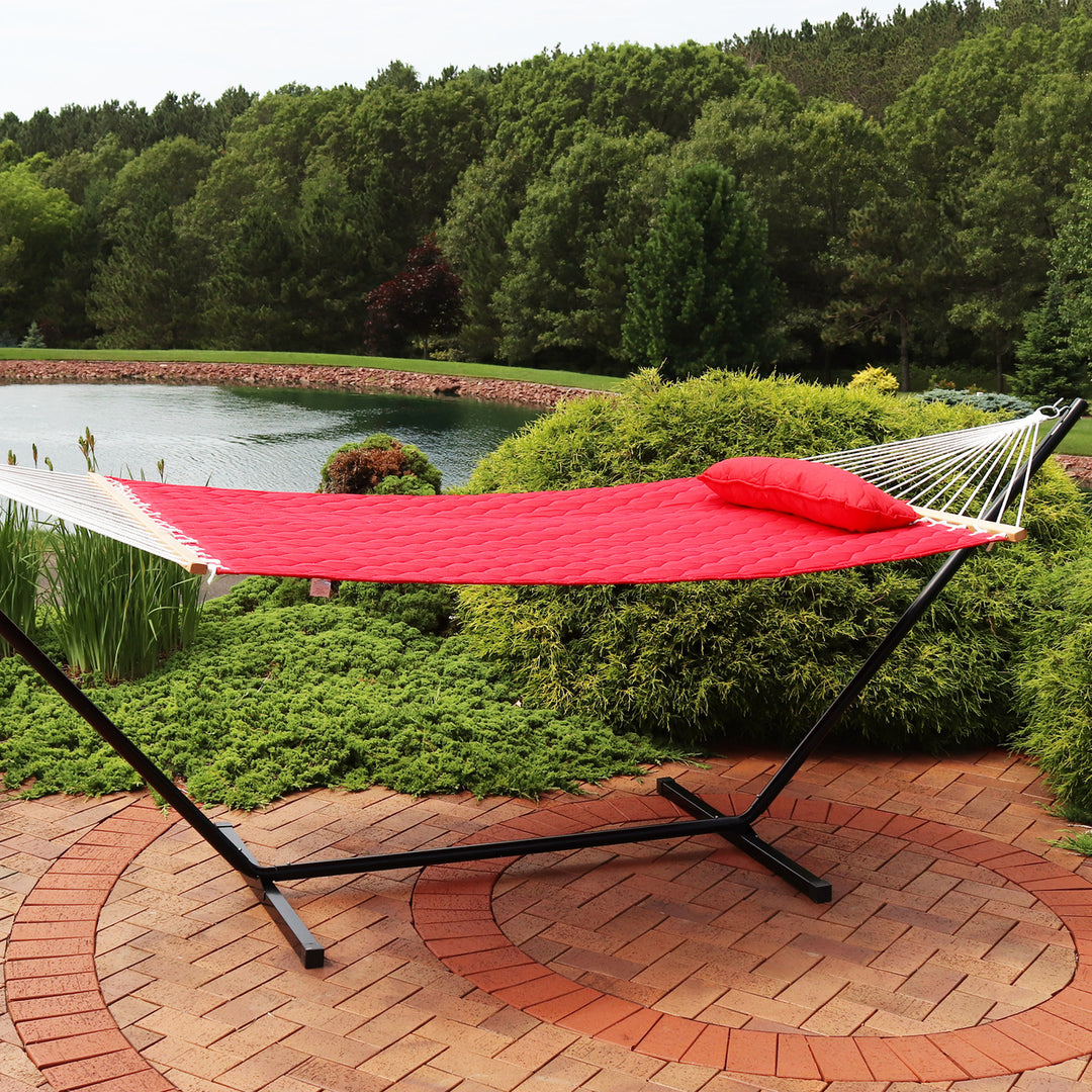 Sunnydaze Large Quilted Fabric Hammock with Spreader Bars and Pillow - Red Image 4