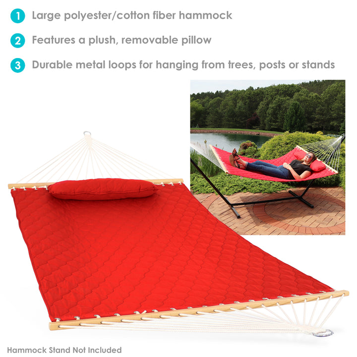 Sunnydaze Large Quilted Fabric Hammock with Spreader Bars and Pillow - Red Image 2