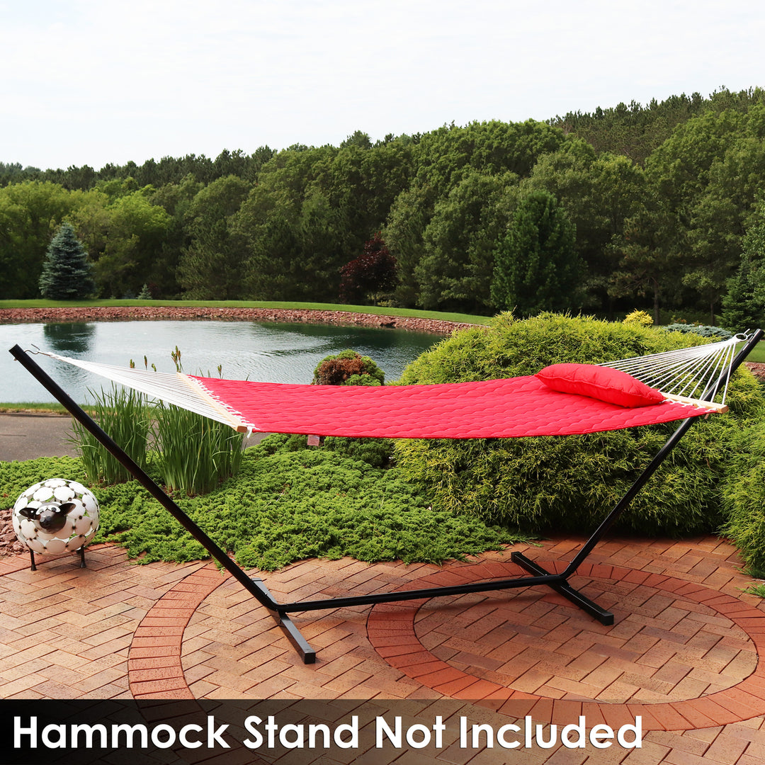 Sunnydaze Large Quilted Fabric Hammock with Spreader Bars and Pillow - Red Image 7