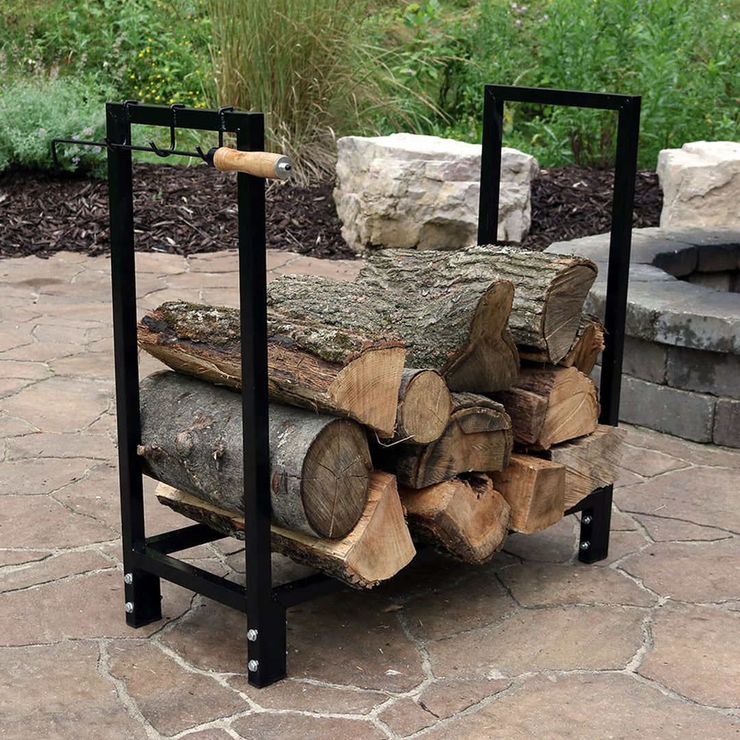 Sunnydaze 30 in Steel Firewood Log Rack with Fireplace Tool Hooks - Black Image 4