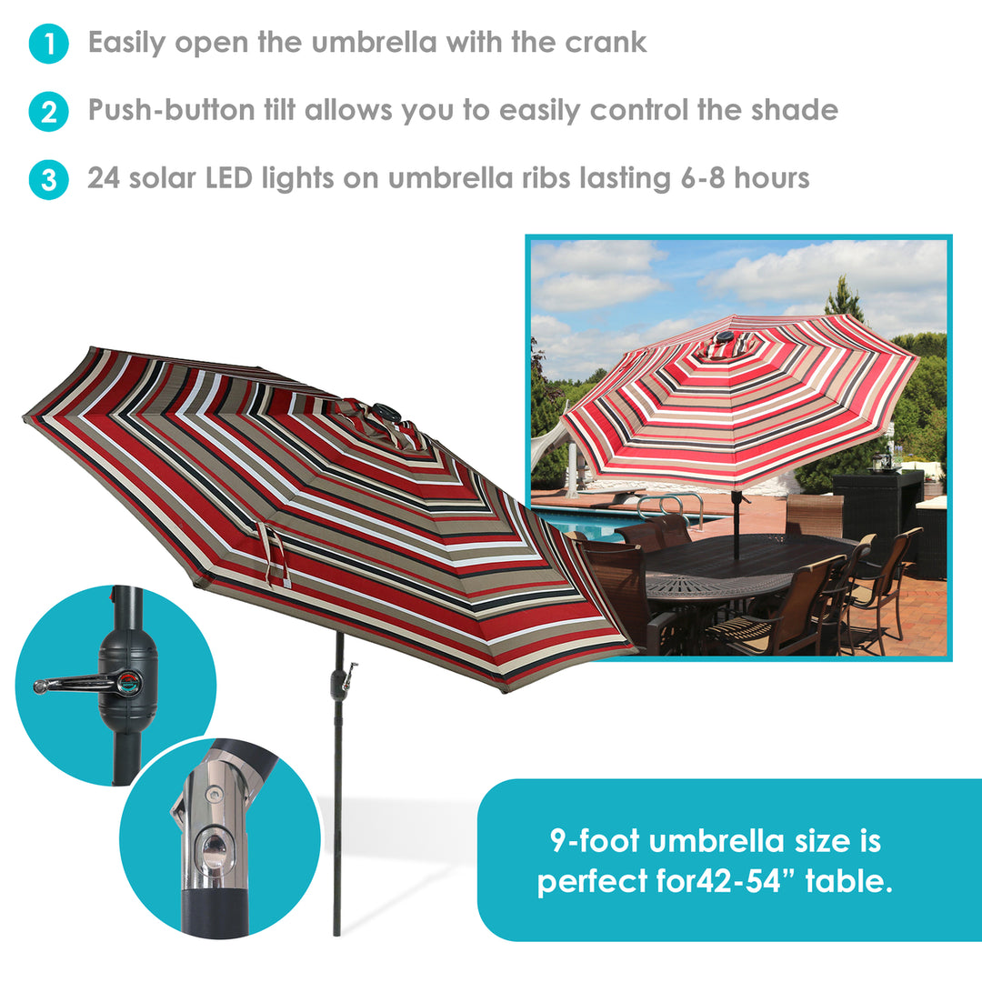 Sunnydaze 9 ft Solar Patio Umbrella with Lights, Tilt, and Crank - Red Image 2